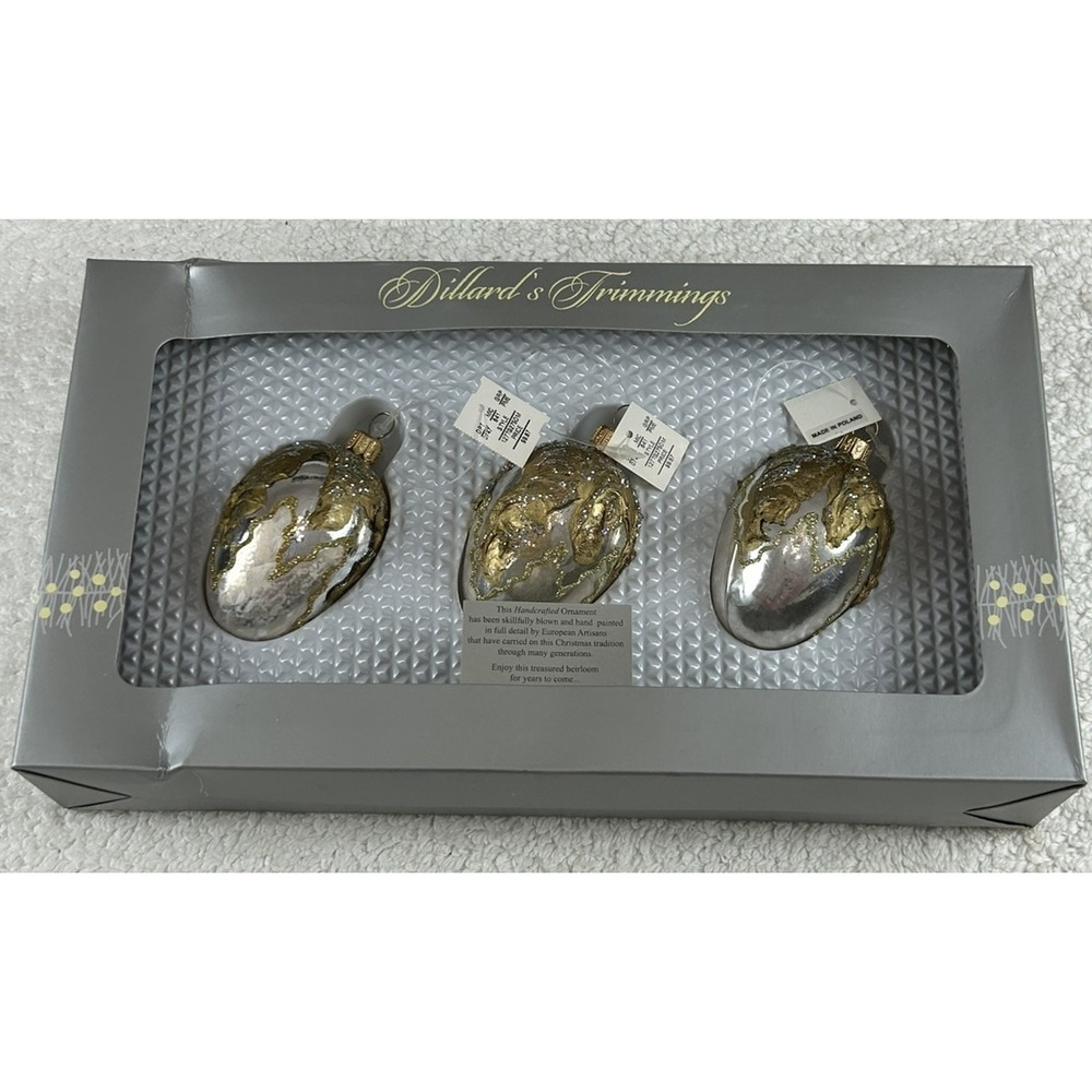NIB Dillard's Trimming Ornaments Handcrafted Blown Glass Poland (Boxed Set Of 3)